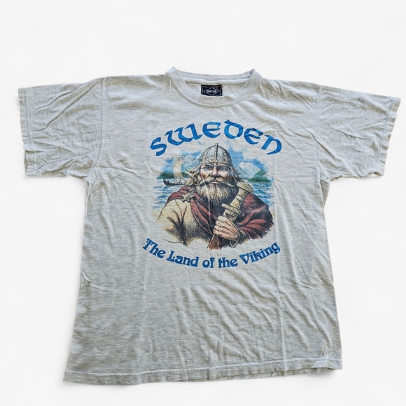 Vintage Sweden "The Land of The Viking" Soft Thrashed Graphic Tee T-Shirt L - Picture 1 of 9